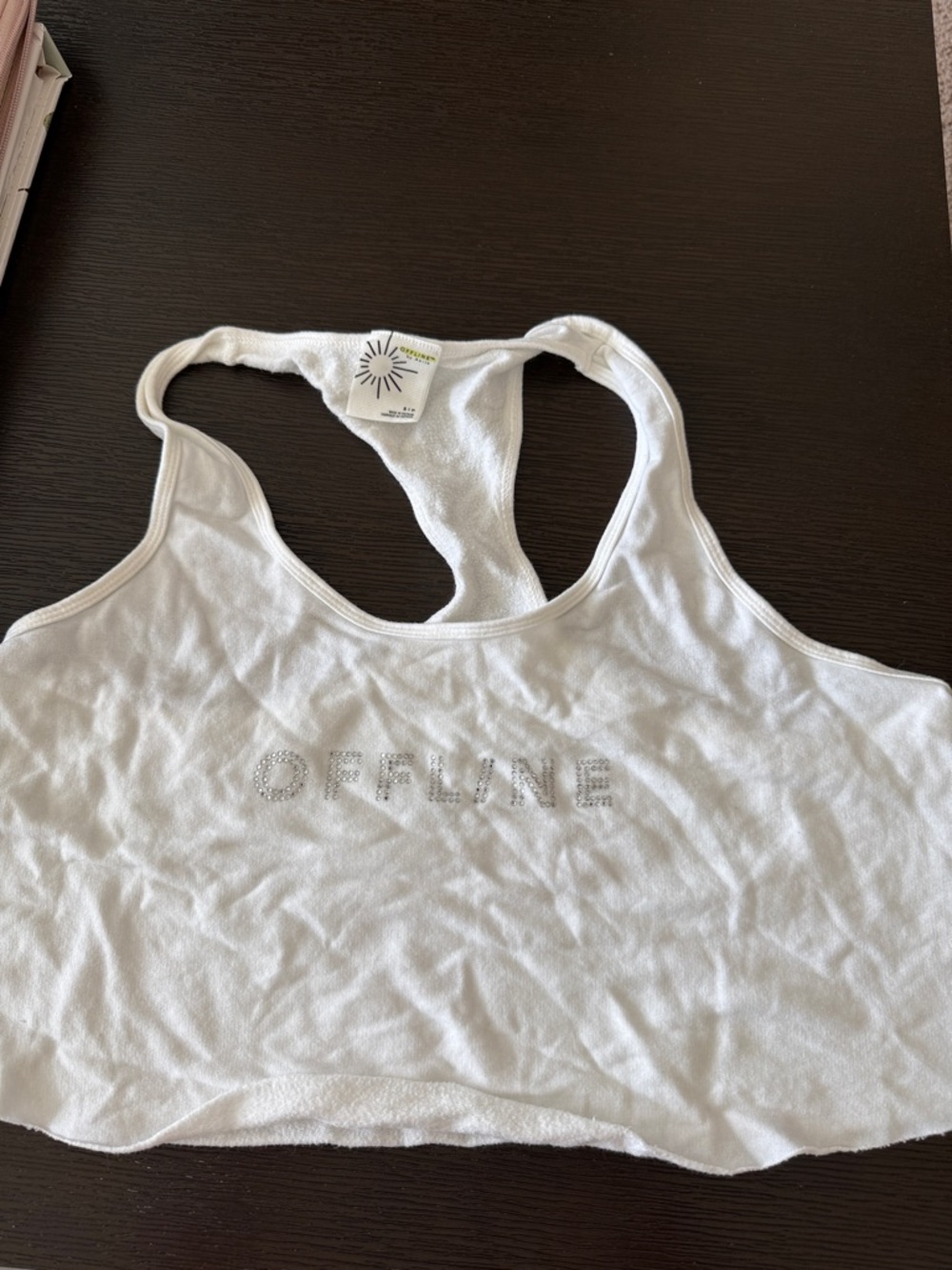 White Rhinestone 'OFFLINE' Racerback Crop Tank Top - Unknown Brand